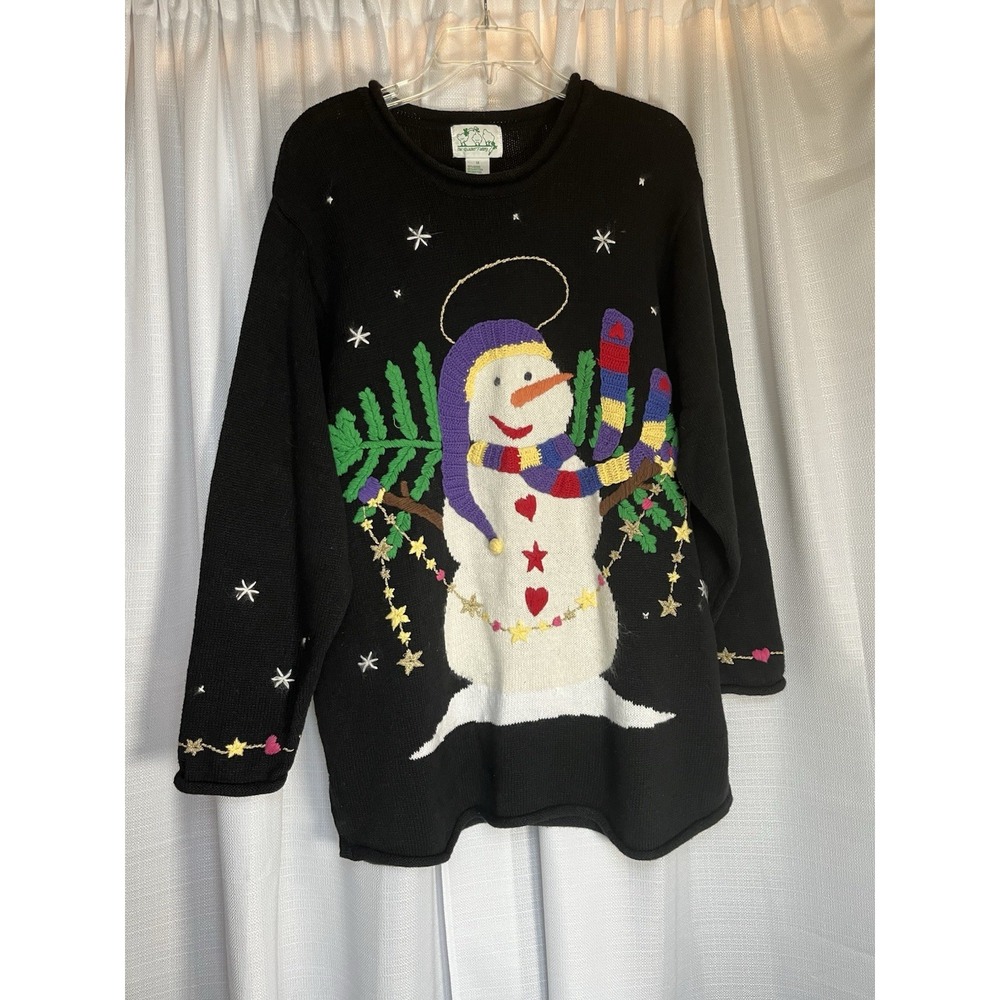 Quacker Factory Size 1X Black Embroidered Christmas Snowman Holiday Sweater